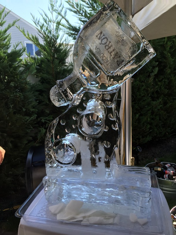 Martini glass ice bar with bottle holders and ice luge